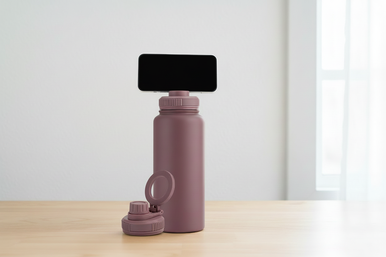 Mauve Water Bottle with Blank Phone Screen